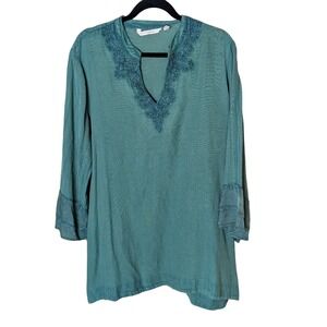 Soft Surroundings Embroidered Tunic Top Teal Green 3/4 Sleeve Size 1X‎